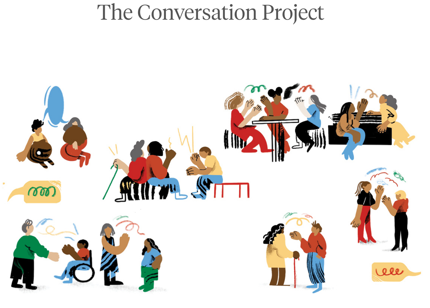 Image of many people all over town doing different projects together while conversing.