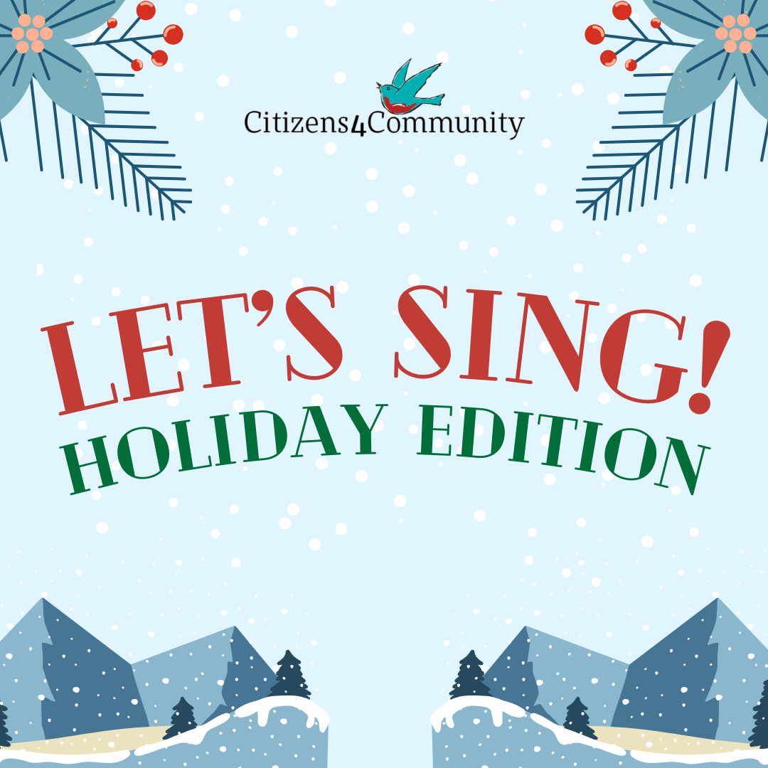 Let's Sing with snow scape and holiday graphics.